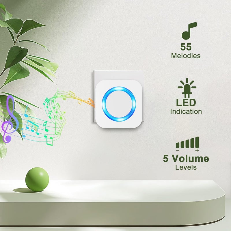 SURFOU Wireless Doorbell, Waterproof, Easy installation -1300ft Range 55 Chimes, 5 Adjustable Volume Levels - LED Flash (1 Button+3 Receivers-White) - Image 5